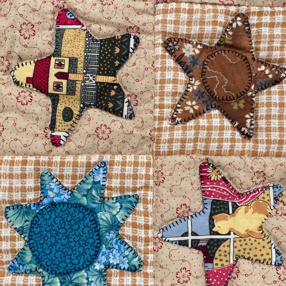 Handmade Patchwork Quilt Blanket Applique Moon Star Heart Multicolor Stripes Vtg